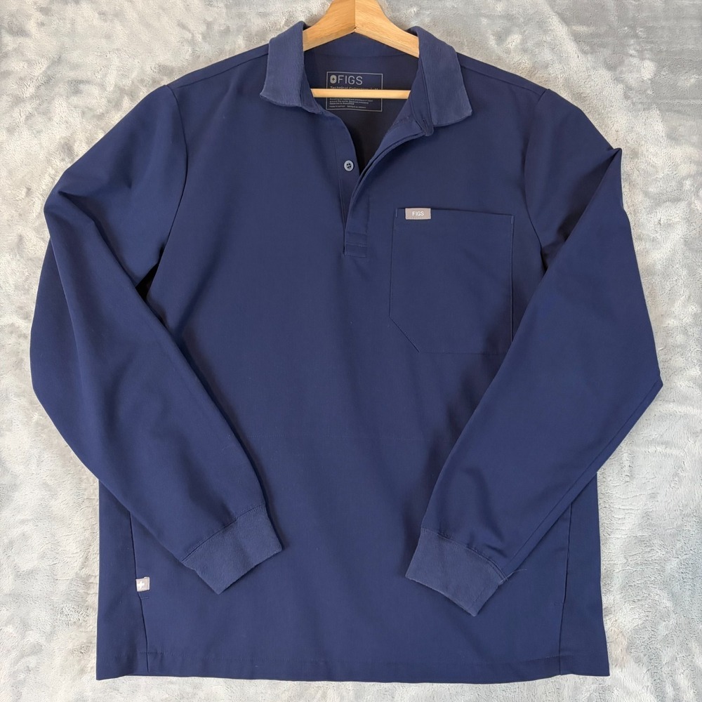 Figs Pro Polo Shirt Mens Medium Navy Blue Pique Knit Pima Cotton Long Sleeve